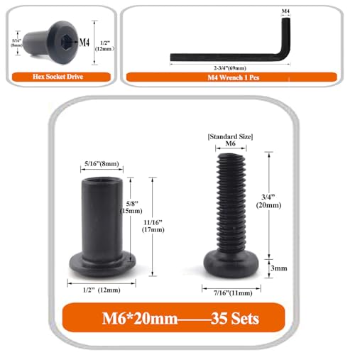 Black M6 x 3/4" Hex Drive Socket Cap Bolts Screws Kit,ALLOYPRO 35-Sets Binding Post Screws Socket Cover Connecting Bolt Fixing Post Screw for Furniture Chair Crib Table Cabinets,M6x20mm - color: Black, size: Black-M6*20mm-35sets