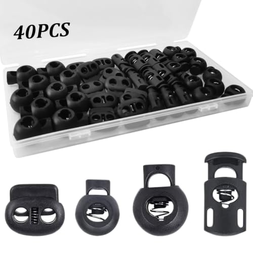 40Pcs Cord Lock, Plastic Cord Locks for Drawstrings, Black Spring Toggle Stopper with 4 Sizes, Elastic Cord Adjuster Shoelace Fastener Lock for Drawstring, Paracord, Shoelaces, Clothing and Bags - color: 40 black