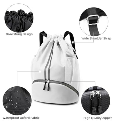 Valleycomfy Sports Drawstring Backpack - Water Resistant String Bag White | with Side Mesh Pockets Shoe Compartment Gym Backpack for Women & Men - color: A-white