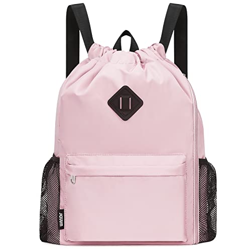 WANDF Drawstring Backpack with Shoe Compartment, Sports Gym Bag | Multi-Pocket Storage, Water-Resistant Fabric, Cinch String Bag - color: L, Pink, size: Large