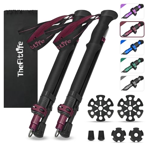 TheFitLife Collapsible Trekking Poles for Hiking – Lightweight Folding Walking Sticks for Men and Women with Extra-Long Foam Handle and Metal Flip Lock - color: Red, size: 100-120cm for Users 5'7" or under
