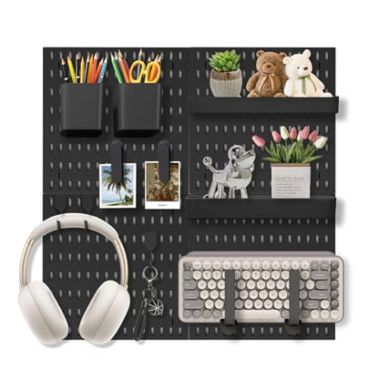 Pegboard Wall Organizer Set – 4 Peg Boards with Hooks & Shelves – Office, Kitchen, Gaming Room Desk Pegboard Storage – Peg Board Wall Display Rack (Black) - color: Black