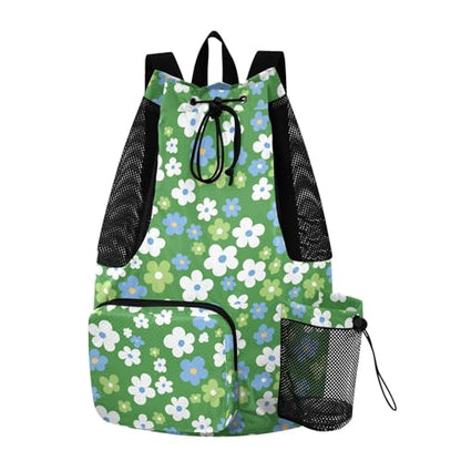 Drawstring Bags Climbing Gym Bag With Water Bottle Holder Cinch Sacks Dry Wet Separation Green White and Blue Flowers