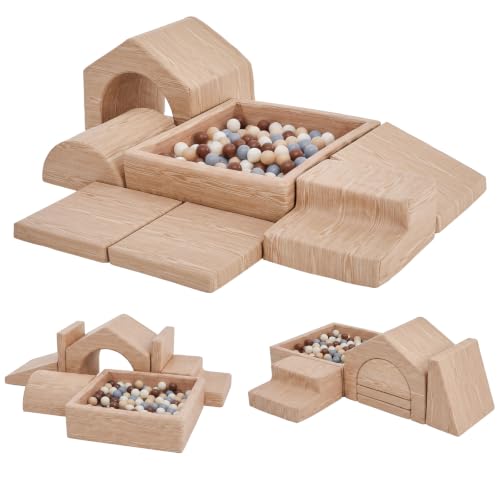Soft Foam Climbing Blocks Set for Toddlers – 7-Piece Square Ball Pit & Play Structure with Light Wood Grain Leather, Indoor Soft Play Gym, Montessori Activity Toys for Kids(82.7"×26.8"×18.5") - color: Light Wood