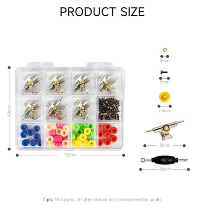 Fingerboard Repair Kit -Includes Box & Tools-Mini 96mm Finger Skateboard Parts Include 14 Brackets 48 Multicolour Wheels 60 Screws 30 Nuts 4 Screwdriver(Trucks-31mm & Box) - color: Trucks-31mm & Box