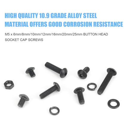 DYWISHKEY 246 Pieces M5 Black Screws, 10.9 Grade Alloy Steel M5x 6/8 /10/12 /16/20 /25mm Button Head Socket Cap Screws Bolts Nuts Washers Assortment Kit - size: M5, style: Button Head Socket Cap