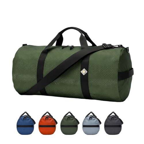 44L Daily Heavy Duty Duffle Bag, Weatherproof Ripstop Gym Travel Gear Bag | Folds flat for storage. #10 double-slider zipper with splash cover. Wraparound handles rated for heavy loads. - color: Forestry Green, size: 12" x 24" (44 Liters)