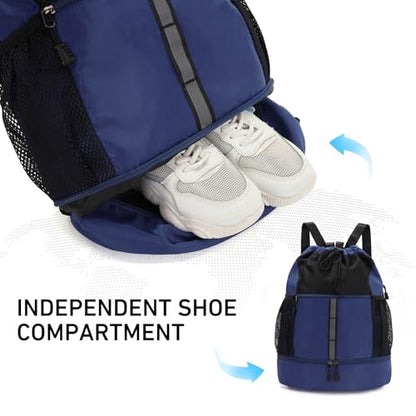 Valleycomfy Drawstring Gym Bag Sports Backpack With Shoe Compartment | Reflective Strips Top Handle Dark Blue - color: Dark Blue