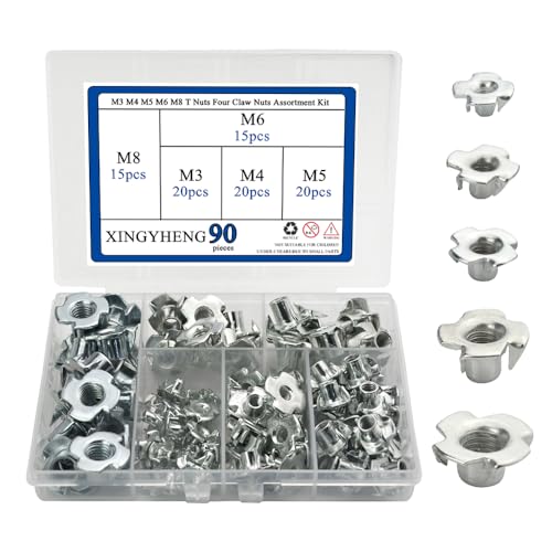 90Pcs M3 M4 M5 M6 M8 T Nuts Four Claw Nuts Assortment Kit Zinc Plated Carbon Steel for Woodworking Cabinetry Furniture Fastener Climbing Holds
