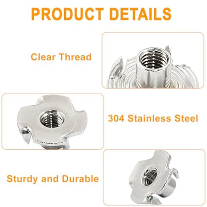 Litoexpe 50 Pcs M5 x 8mm T-Nuts, Stainless Steel Four Pronged Tee Nut for Wood, Rock Climbing Holds, Furniture