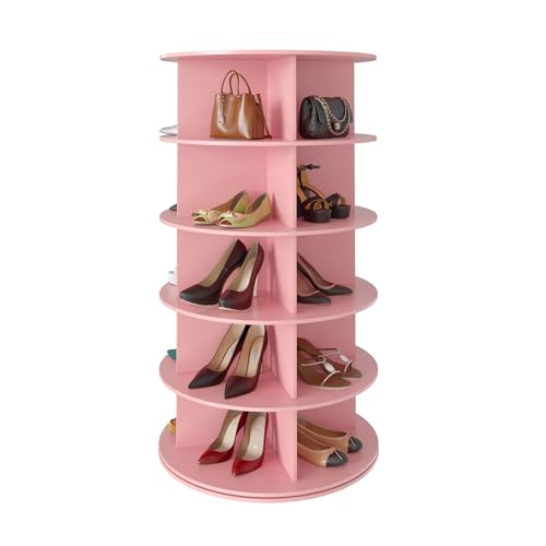 SpaceAid 5 Tier Rotating Shoe Rack Tower, Spinning Shoe Display Lazy Susan, Revolving 360 Shoe Rack Storage Round Carousel, Vertical Handbag Rotate Shoes Closet Organization (5-Tier Pink) - color: Pink, size: 5 Tier (23.2"W x 45.3"H)