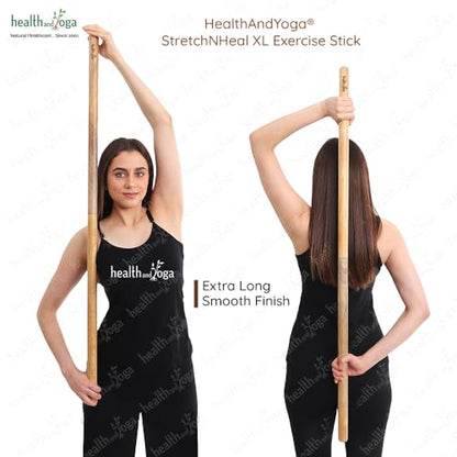 HealthAndYoga™ StretchNHeal Collapsible Multi-Use Wooden Yoga Stick - Regular and XL - Portable Posture Corrector Pole, Stretch Mobility Stick, Physical Workout Exercise Dowel - size: XL - 48" without Sleeve