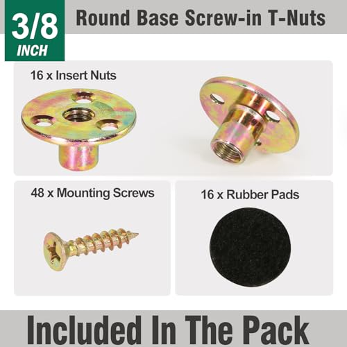 FoDau770 3/8"-16 Brad Hole T-Nut with Screws, Zinc Plated Carbon Steel 3-Hole T-Nuts, Insert Female Thread Mounting Fastener for Wood Furniture and DIY Project - 16 Set (64 Pieces) - size: 3/8"-16