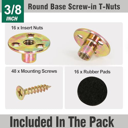 FoDau770 3/8"-16 Brad Hole T-Nut with Screws, Zinc Plated Carbon Steel 3-Hole T-Nuts, Insert Female Thread Mounting Fastener for Wood Furniture and DIY Project - 16 Set (64 Pieces) - size: 3/8"-16