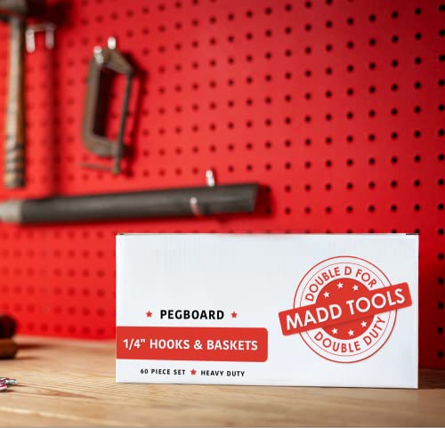 Heavy Duty Pegboard Hooks & Baskets Set, 60-Piece Pegboard Organizer | Stainless Steel ¼” Peg Board Accessories, 57 Chrome-Plated Peg Hooks & 3 Black Storage Bins for Garage, Workshop, Craft Room