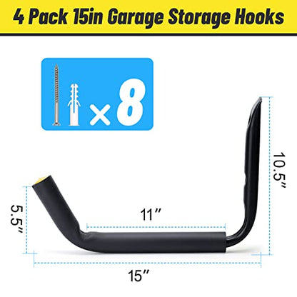 GEEDAR Heavy Duty Garage Storage Hooks -120 LB Capacity, 4packs, 15" Wall Mounted Rack for Hanging Kayak, Paddle Board, Ladders, Bikes Enforced Kayak Storage Hanger - size: Large (15", 4 packs）