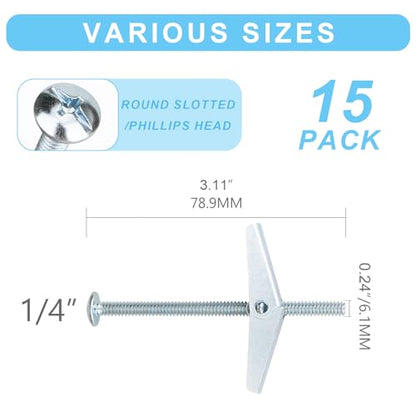 15 Pcs 1/4 Inch Toggle Bolts Heavy Duty Metal Drywall Anchors Kit | Dry Wall Anchors and Screws Kit for Hanging Lamps Heavy Items, Butterfly Anchors for Ceiling, Sheetrock, Hollow Wall - size: 1/4"-30pcs(15sets)
