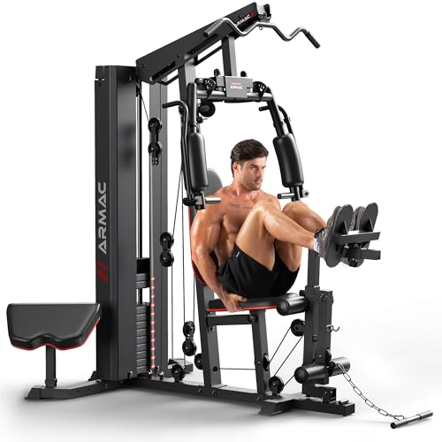 Sportsroyals Home Gym, Multifunctional Workout Station with Leg Press, 150LBS Weight Stack Full Body Workout Equipment for Home Exercise Fitness Strength Training - color: black red