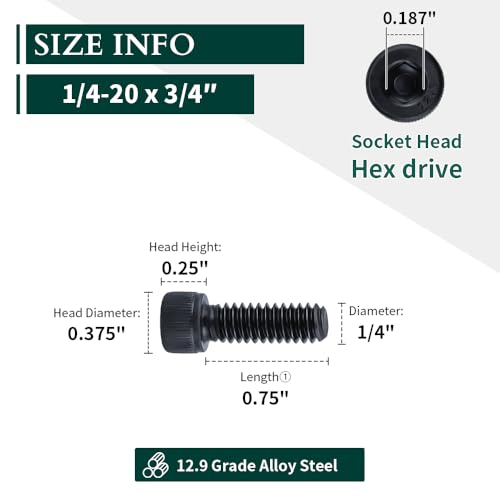 1/4-20 x 3/4" Socket Head Cap Screws Bolts, 12.9 Grade Alloy Steel, Black Oxide Finish, Allen Hex Drive, Full Thread, 50 PCS - size: 1/4-20 x 3/4"