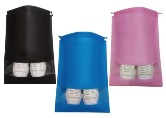 Shoe Bags for Travel, Packing, Storage, Organizing & Suitcase (12 Pack). Reusable Dustproof & Water Resistant Sneakers Pouch Protectors with Clear Window & Drawstrings. (Pink, Azure Blue, Black) - color: Pink , Azure Blue, Black