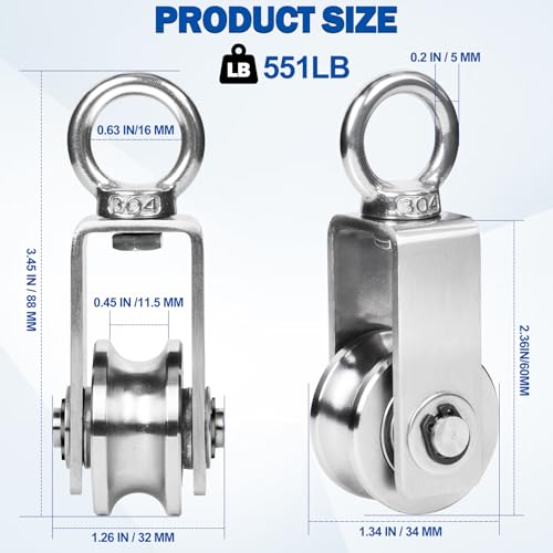 Cable Pulley Wheel Stainless Steel, 4 Pack M34 Single Pulley Snatch Block, Heavy Duty Lifting Crane Swivel Hook, Bearing Inside Rope Pulleys for Lifting System Gym Equipment Clothesline, 551 lbs Load - size: M34 - 4 Pack