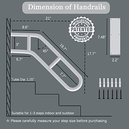 Upgraded Stair Handrails for 1-3 Steps, Bent Handrails for Outdoor Steps | 27" Wall Mounted Stair Railing U-Shaped Safety Grab Bar with 2 Anti-Skid Crossbar for Garage, Porch, Garden, Yard - size: 27 inch, style: Bent White 1 Pack