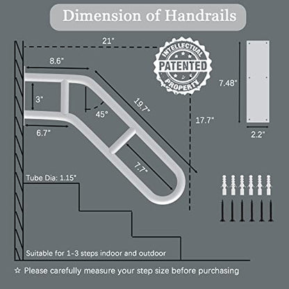 Upgraded Stair Handrails for 1-3 Steps, Bent Handrails for Outdoor Steps | 27" Wall Mounted Stair Railing U-Shaped Safety Grab Bar with 2 Anti-Skid Crossbar for Garage, Porch, Garden, Yard - size: 27 inch, style: Bent White 1 Pack