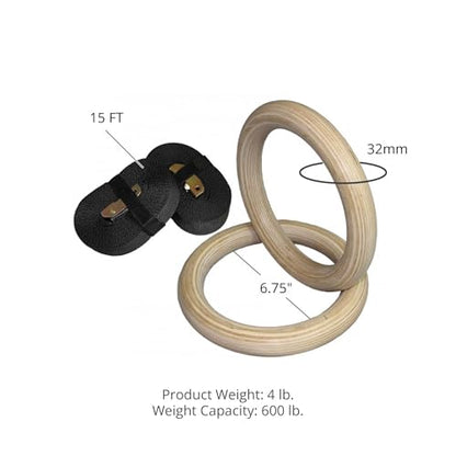 Titan HD Wall Mounted Pull Up Chin Up Bar with 8 in. Wood Olympic Gymnastic Rings - 1.5 in. W Heavy Duty Thick Straps &