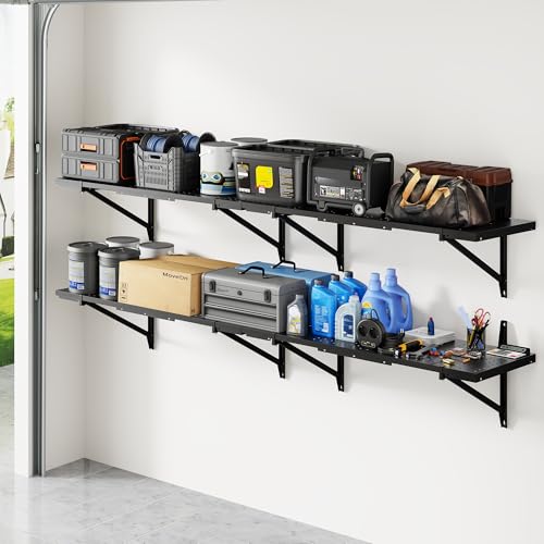 FLEXIMOUNTS 2-Pack 1x6ft Garage Shelving 14-inch-by-68-inch Perforated Wall Shelf, Heavy Duty Garage Storage Rack with 1400 lbs Load Capacity, Wall Mounted Organization System for Tools, Heavy Bins - size: 14" x 68"