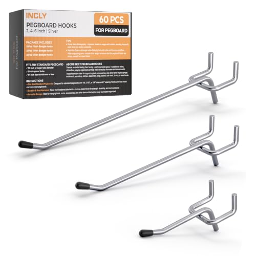 INCLY 60 Pack Pegboard Hooks, 2/4/6 Inch Peg Board Organizer Accessories | Metal Peg Board Hooks, Peg Board Tool Hangers, Fit for 1/8'' and 1/4" Pegboard, for Garage, Craft Room, Store Hanging Tools - color: Silver, size: 2/4/6 Inch