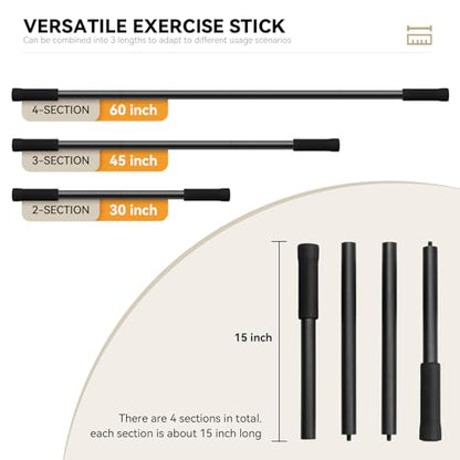 Krightlink Yoga Stick 5ft Adjustable Stretching Stick, Versatile Exercise Stick Non-Slip Ends and Sponge Handles for Fitness, Flexibility and Balance, Posture Correction - Black