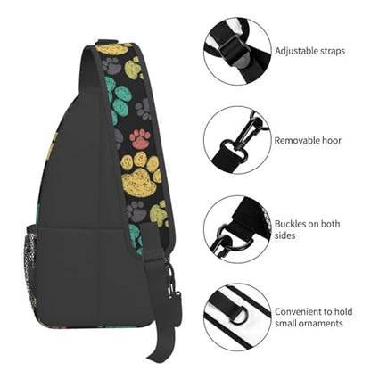 Colorful Paw Print Crossbody Sling Bags for Women Men Rainbow Puppy Dog Paws Doodle Style Travel Sling Backpack Casual Chest Shoulder Bag Cute Animal Footprint Gym Sports Hiking Daypack - color: Green Yellow