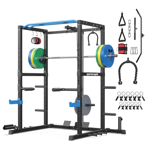 SPORTSROYALS Power Rack, Multi-Functional Power Cage, Squat Rack with Pulley System & LAT Pull Down, Workout Cage with J Hooks for Home Gym - color: Blue, style: 230LB Colorful Package