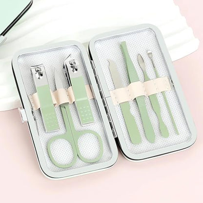 Manicure Set Nail Clipper Set, 7 Pcs Matcha Green Professional Manicure Pedicure Set, Nail Care Kit Beauty Tool, Purse Essentials Travel Nail Kit with Leather Case, Gift for Men and Women