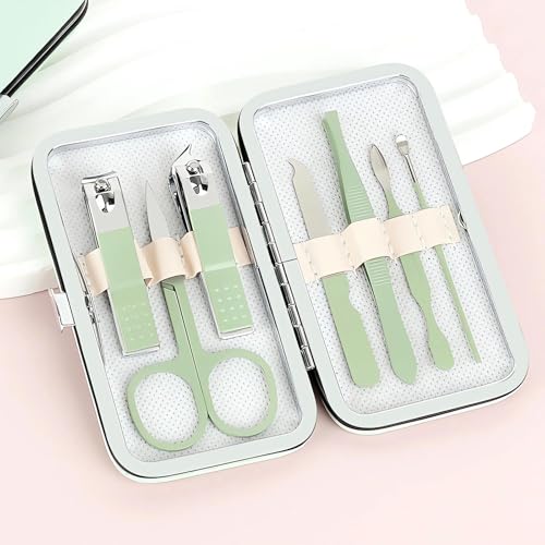 Manicure Set Nail Clipper Set, 7 Pcs Matcha Green Professional Manicure Pedicure Set, Nail Care Kit Beauty Tool, Purse Essentials Travel Nail Kit with Leather Case, Gift for Men and Women