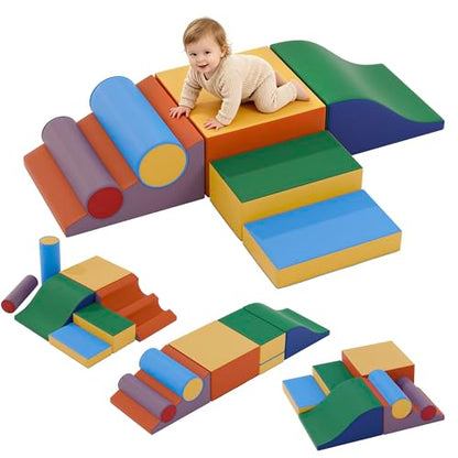 Soft Climbing Toys for Toddlers, 7-Piece Foam Climbing Blocks with PU Leather Cover, Modular Climb and Crawl Activity Play Set for Indoor Playroom (Classic) - color: Classic