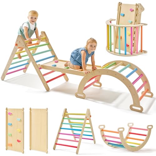 Tiny Land Pikler Triangle Set, 7-in-1 Foldable Pikler Triangle Climbing Toys Set for Kids,Baby Indoor Playground Jungle Gym, Wooden Montessori Climbing Set for Toddler (Rainbow) - color: Rainbow