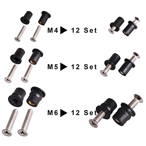 WEDAMER 36 Pairs M4 M5 M6 Neoprene Well Nuts with Stainless Steel Screw M5 Rubber Well Nuts Kayak Brass Copper Bolts Well Nut Kit for Kayak Motorcycle Boat Marine Windscreen Accessories (M4 M5 M6) - color: M4 M5 M6 each 12 Pairs