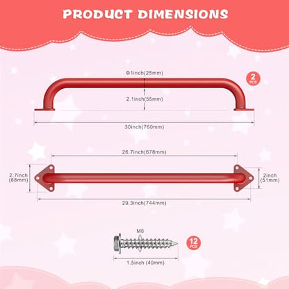 SELEWARE 30" Red Metal Playground Handles Playset Grab Bars Ladder Handle | 500LB 2Pcs Heavy Duty Steel Kids Playground Handles for Indoor/Outdoor Ladder Handrail Swing Set Treehouse Rock Climbing Wall - color: E: 30"-2 Pcs-red
