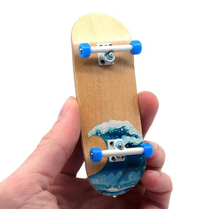 Teak Tuning Complete Fingerboard Waves Edition - Premium, Heat Transfer Graphic - Pro Shape & Size - Bearing Wheels, Pro Trucks, 61A Pro Duro Bushings - 34mm x 97mm Deck - color: Blue,white