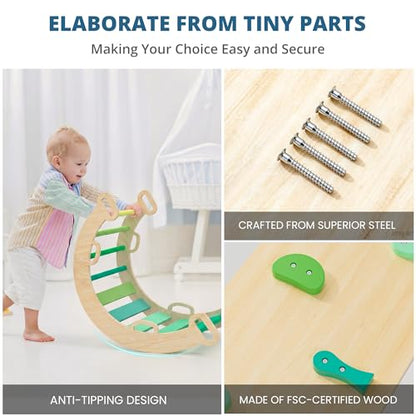 BlueWood Pikler Triangle Set, Toddler Climbing Toys Indoor 7in1 Foldable | Wooden Climber for Kids, Montessori Philosophy Play Jungle Gym with Arch, Ramp, Ladder (Green Summer) - color: Green Summer