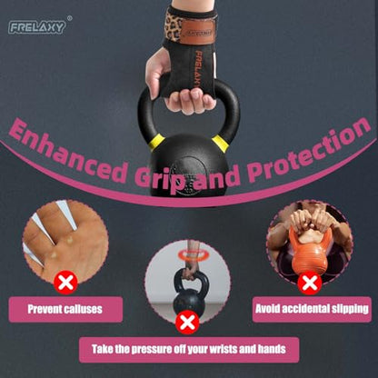 Frelaxy Lifting Wrist Straps for Women and Men, Weight Lifting Grips | Double-layer leather, Cushioned wrist support, Durable construction, Storage pouch, Deadlifts, rows, lat pulldowns - color: Black/Leopard