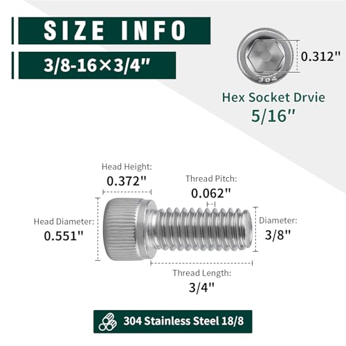 3/8-16 x 3/4" Socket Head Cap Screw Bolt, 304 Stainless Steel 18-8, Allen Hex Drive, Coarse Thread UNC, 10 PCS - size: 3/8-16 x 3/4"