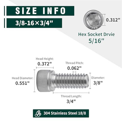 3/8-16 x 3/4" Socket Head Cap Screw Bolt, 304 Stainless Steel 18-8, Allen Hex Drive, Coarse Thread UNC, 10 PCS - size: 3/8-16 x 3/4"