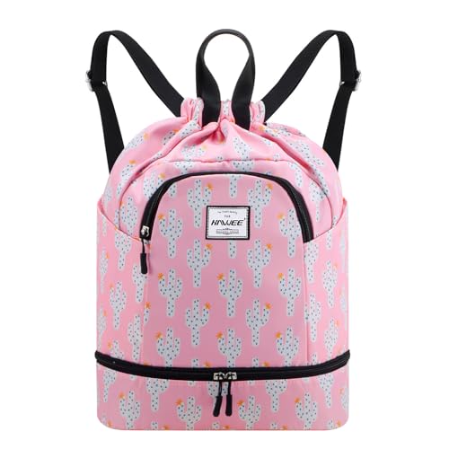 Dry Wet Drawstring Backpack with Shoe Compartment for Women Adjustable Gym Bag - color: Cactus Pink