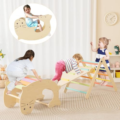 Costzon Climbing Toys for Toddlers, Foldable Montessori Wooden Arch Climber Ladder with Sliding Ramp, Play Table, Multi-Combination Methods, Kids Triangle Climber Play Gym Set for Boys Girls Present - style: 7 in 1 Arch Climber Ladder, Rainbow