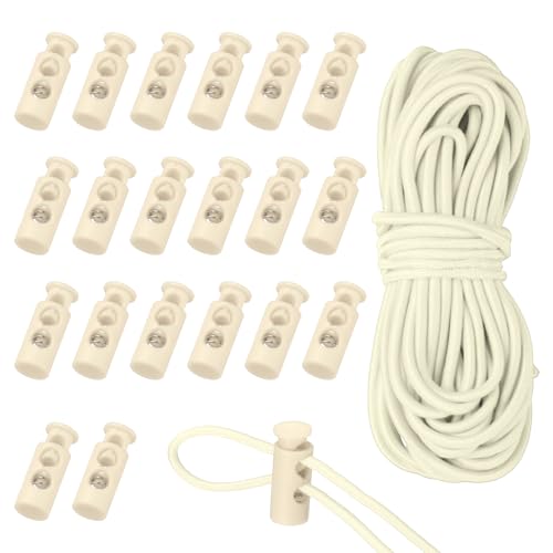 uxcell 20 Pcs Plastic Cord Locks & 16 ft Elastic Cord, Double-Hole Toggles for Drawstrings End Stopper Fastener Slider Toggles Clip for Shoelaces Backpacks Replacement, Beige - color: Beige