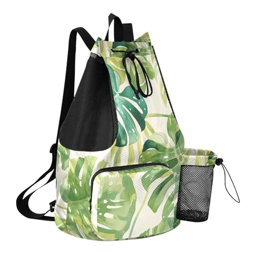 Drawstring Climbing Gym Bag With Pockets Draw String Back Bag with Wet Dry Compartments Watercolor Monstera deliciosa Leaves Green White