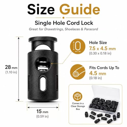 Black Plastic Cord Locks for Drawstrings, Single Hole Spring Toggle Stoppers