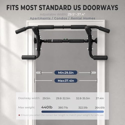 EAST MOUNT Doorway Pull Up Bar, Adjustable Height, Leave Installed, Full Range Pull-Ups, No Drill Home Gym Equipment, Multi-Grip Pull Up Bar, Holds up to 440 LBS